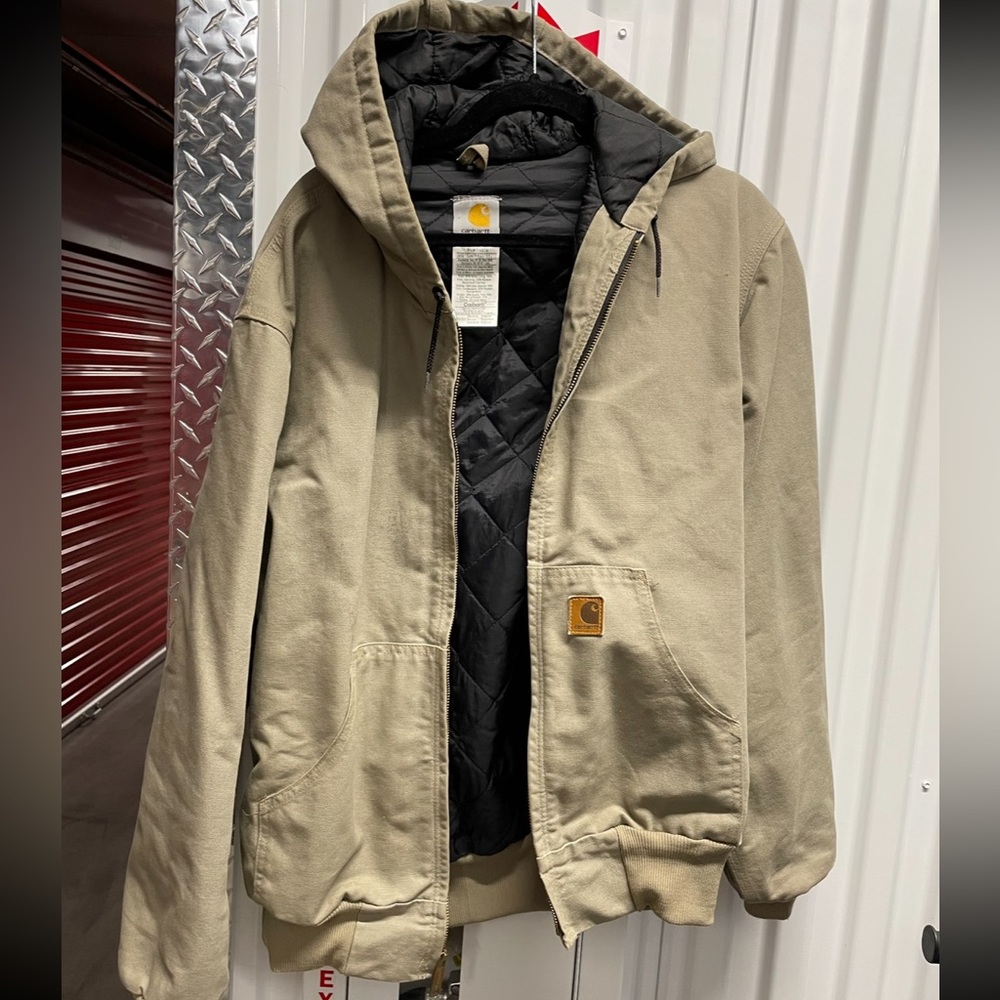 Carhartt Hooded Hoodie Quilt Lined Jacket Coat Medium Tan Brown Vintage Detroit